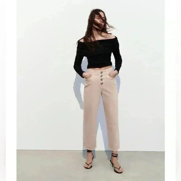Zara Womens High Waist Exposed Button Culotte Jeans Pastel Pink Size 6 - Picture 2 of 11